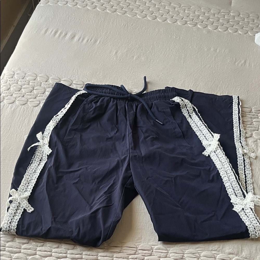 Navy Blue Lace-Trimmed Women's Straight Leg Pants